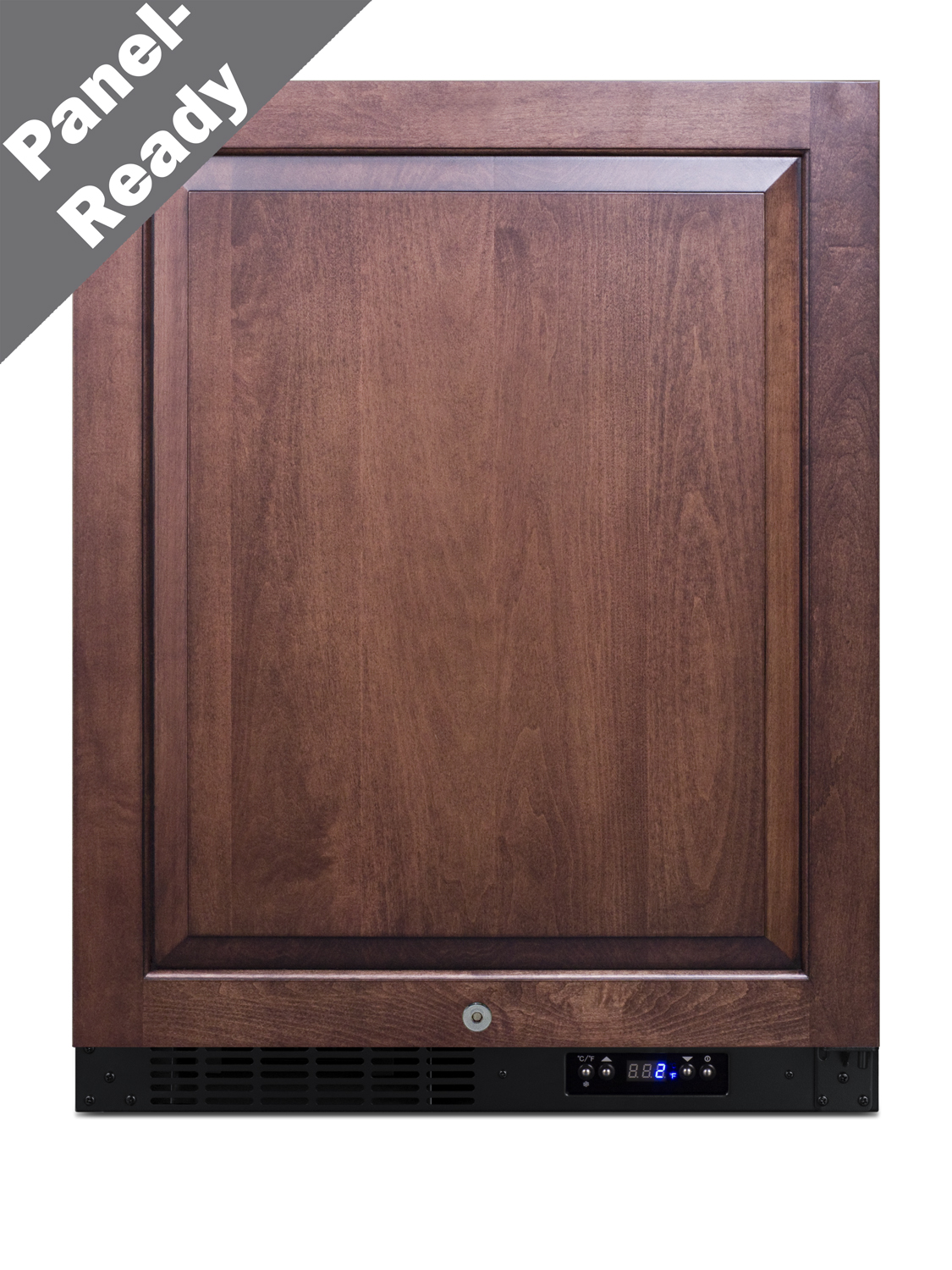 Built-in undercounter ADA compliant frost-free all-freezer with panel-ready door, black cabinet, door storage, lock, and digital controls